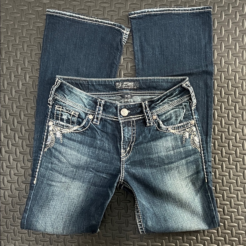 Silver Jeans Dark Blue Bootcut Jeans with Embroidered Pockets